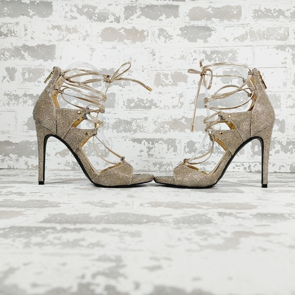 Guess Glitter Gold Open Toe Zip Gladiator Ankle Wrap Stiletto Heels V617 - Picture 7 of 12